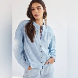 Anthropologie Pilcro Peasant Blue White Striped Buttondown Shirt Size S